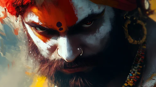 Warrior mystic glare under vivid sacred face paint.