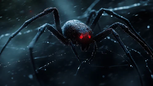 Spider with red luminescent eyes occupies center of wet web