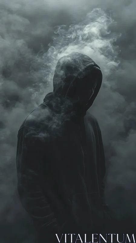 Shadowed hooded figure dissolving into swirling smoke.