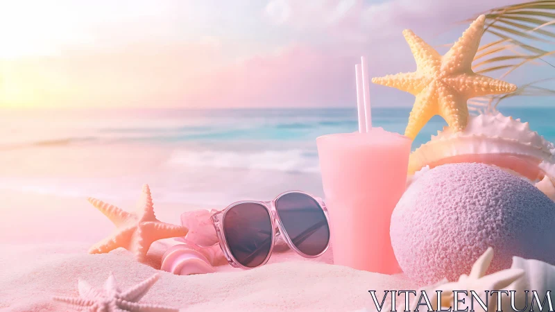 Pink tropical drink rests beside seashells on pastel beach