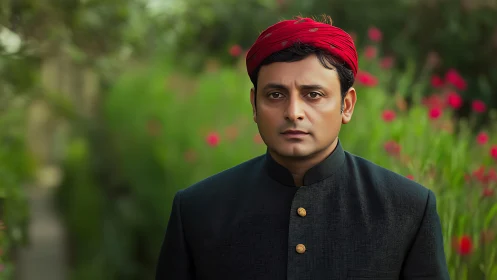 Crimson turban calm amid blurred garden blossoms.