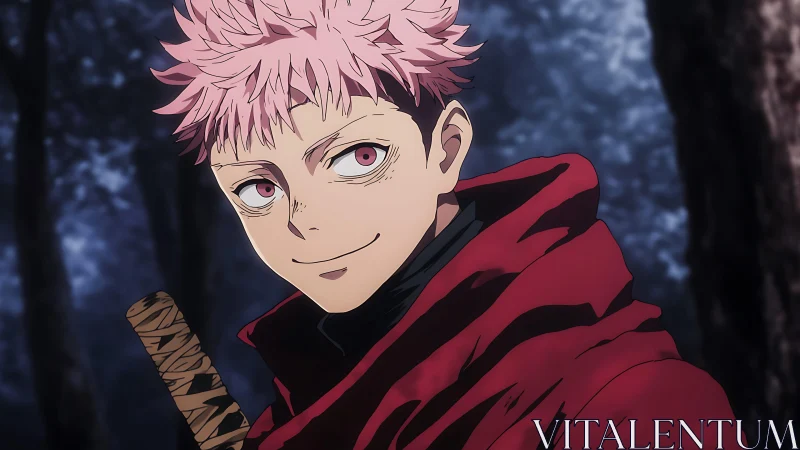 Pink-haired anime warrior rendered with moody forest lighting