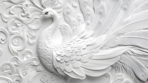 Elegant white peacock in intricate 3D relief art style wall decor.