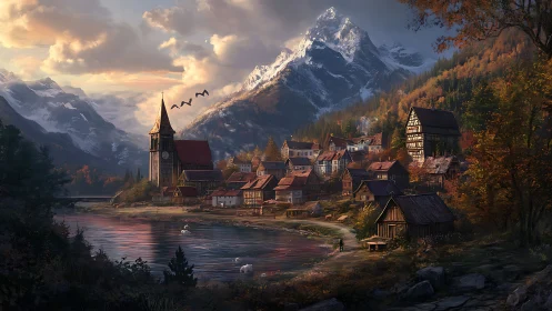 Mountain village by lake with church and autumn forest.