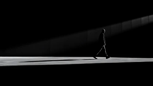 Silhouetted person walks through narrow beam of directional light