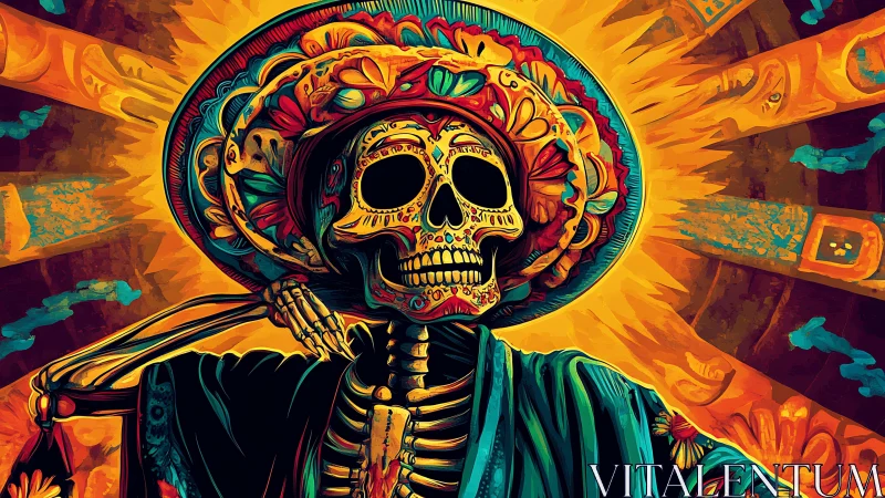 Vibrant calavera portrait in radiant Mexican folk palette.