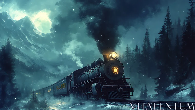 Steam locomotive cuts through nocturnal alpine snowstorm