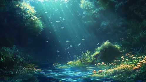 Sunlit forest pool with foliage and suspended particles.