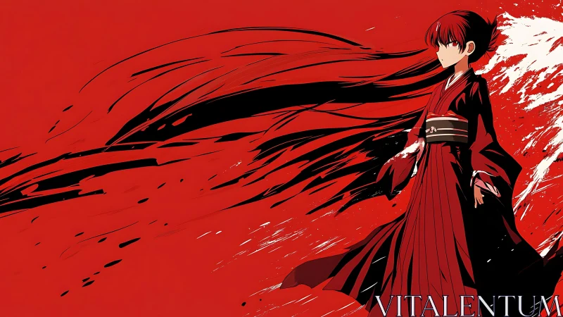 Scarlet kimono figure stands amid dynamic black strokes.
