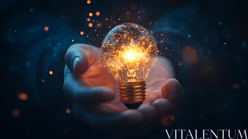 Hand cradles a shimmering galaxy of ideas inside lightbulb