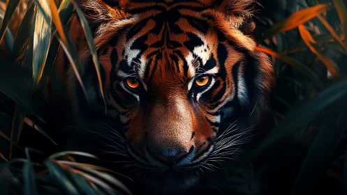 Tiger stares through dense jungle foliage with vivid intensity