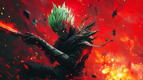 Pyrokinetic cyber-ninja amid explosive chromatic turbulence.