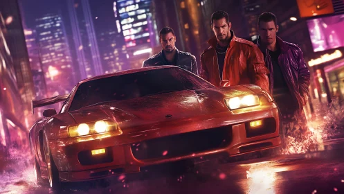Neon night runners guard a blazing red street racer.