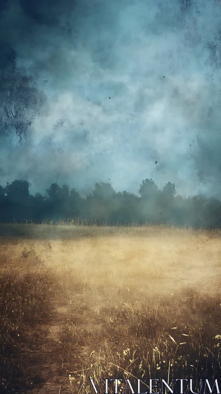 Digital painting of misted meadow under textured storm sky.