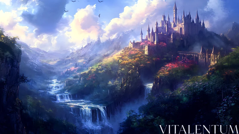 Majestic hilltop citadel above cascading valley waterfalls.