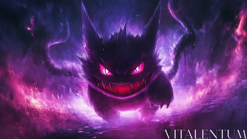 Ghostly shadow creature emerges in neon purple storm.