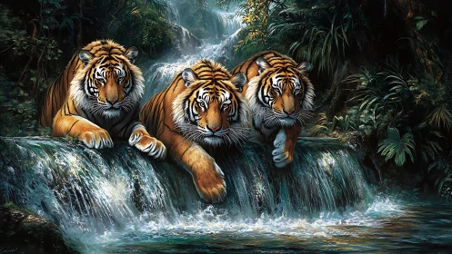 Three Tigers at Jungle Waterfall in Lush Tropical Setting