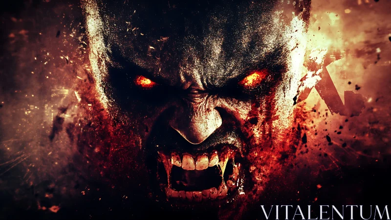 Distorted demonic face emerges from fragmented fiery texture