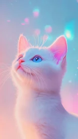 White Cat with Blue Eyes Against Neon Gradient Background.