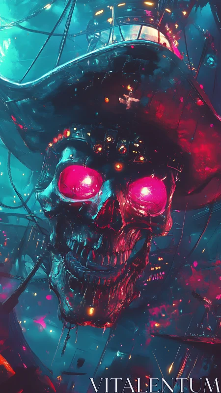 Neon pirate skull sails through glowing cyber seascape