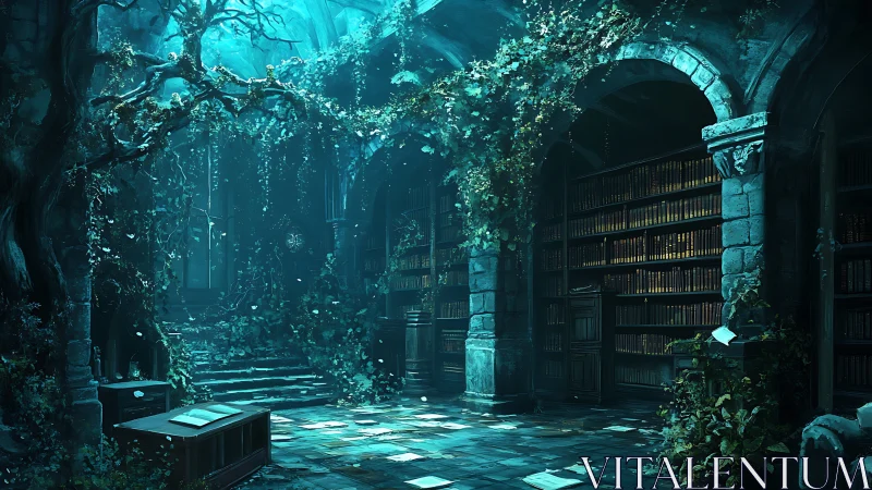 Enchanted overgrown library rendered in atmospheric digital light
