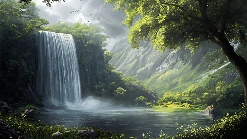 Sunlit forest waterfall pours gently into a calm green pool