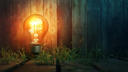 Glowing light bulb illuminates rustic wooden fence at dusk.