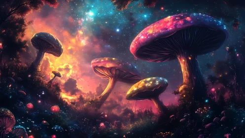 Starlit mushroom forest glows softly under a dreamy cosmic sky