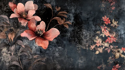 Textured dark floral mural with coral blossoms and patina depth