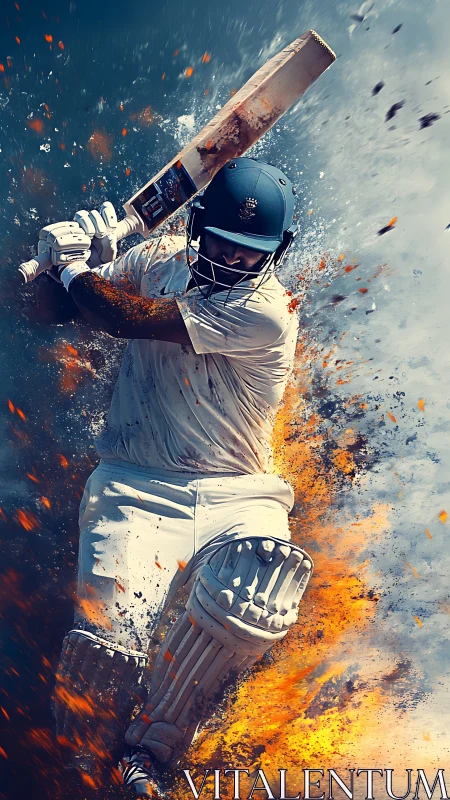 Cricket batsman drives ball through explosive fiery spray.