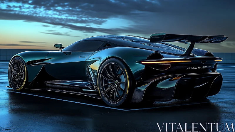 Sleek hypercar glows on wet rooftop under moody dusk sky