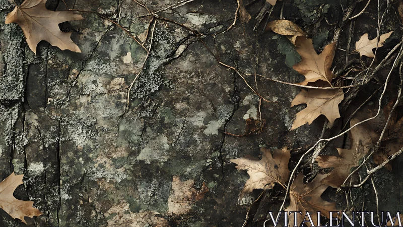 Oak leaves and tangled vines over mottled tree bark.