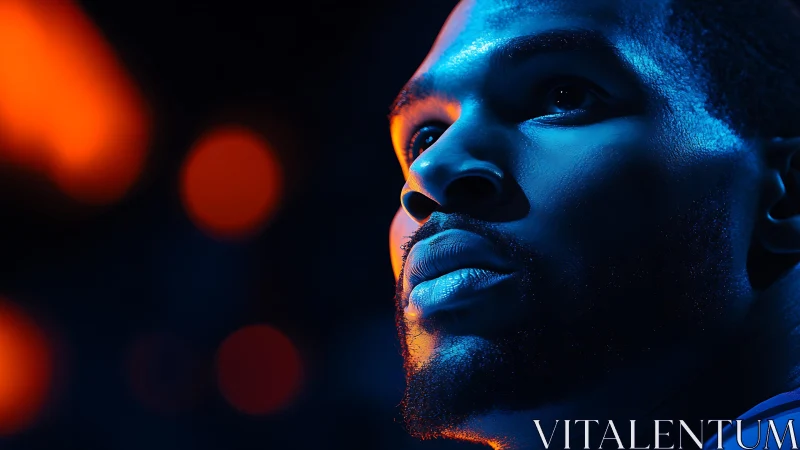 Side-lit male face under blue light with orange bokeh background.