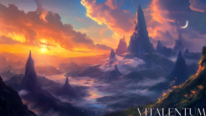 Spectral spire mountains in dual-illumination twilight panorama.