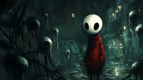 Masked child wanders dripping skull swamp at night.