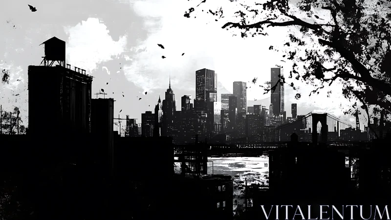 High-contrast monochrome skyline with layered urban silhouettes and bridge
