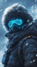 Arctic survivor in respirator gear resists blizzard with frosted optics