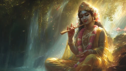 Divine flute player bathing a forest waterfall in golden calm.