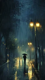 Umbrella-bearing silhouette strolls through lantern-soaked rain