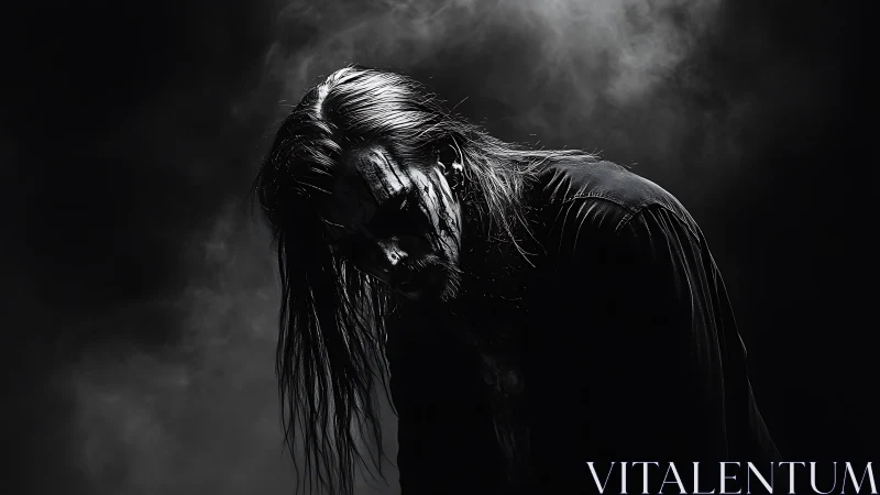 Dark metal figure leans in smoky high-contrast monochrome portrait.