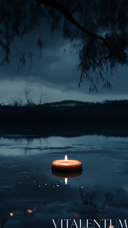 Lone orange candle drifts on dark reflective lake at dusk.