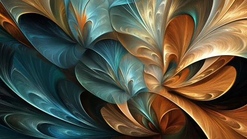 Fractal petals unfold in teal and copper flowing motion