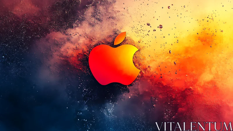 Glowing apple logo floating in a colorful cosmic splash.