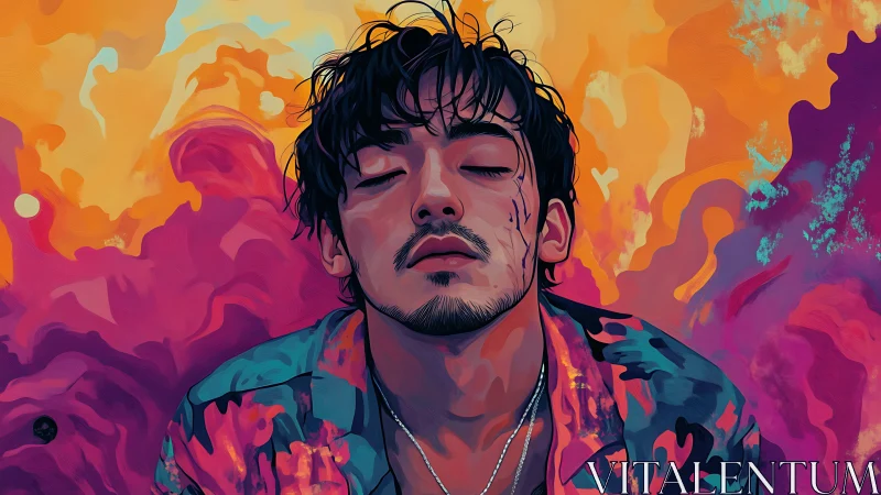Man with closed eyes rests amid swirling neon clouds