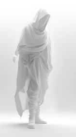 Hooded white figure in draped monochrome futuristic robes.