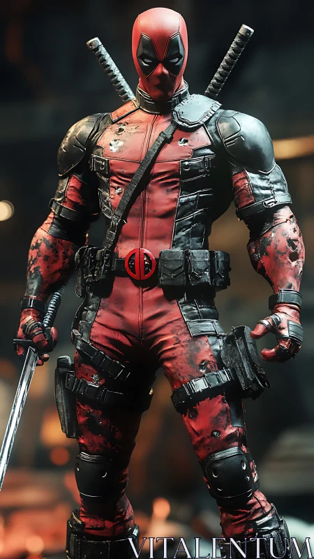 Masked red-suited combat figure stands in worn tactical gear