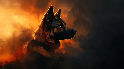 German shepherd profile in vivid orange smoke portrait.