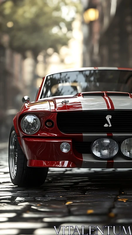 Low-angle telephoto view shows classic red muscle car on wet cobbles