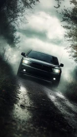 Off-road SUV cuts through mist on rugged forest track.