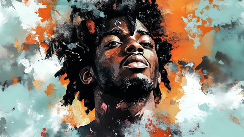 Paint-splashed sky crowns a proud, upward-gazing portrait